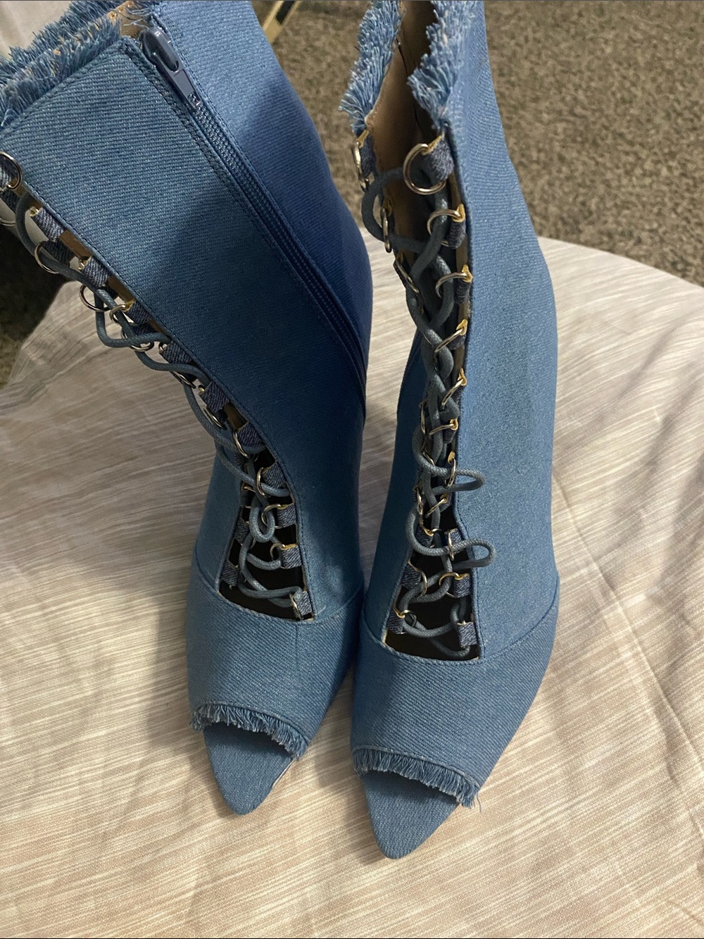 Chase + Chloe Denim Lace-Up Peep-Toe Ankle Boots - Blue